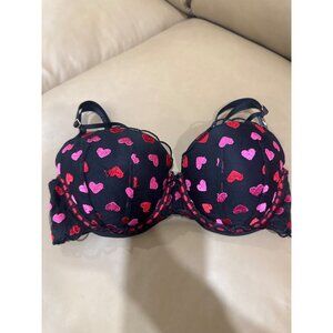 Victorias Secret Lightly Lined Black Bra With Red & Pink Hearts Size 32DD